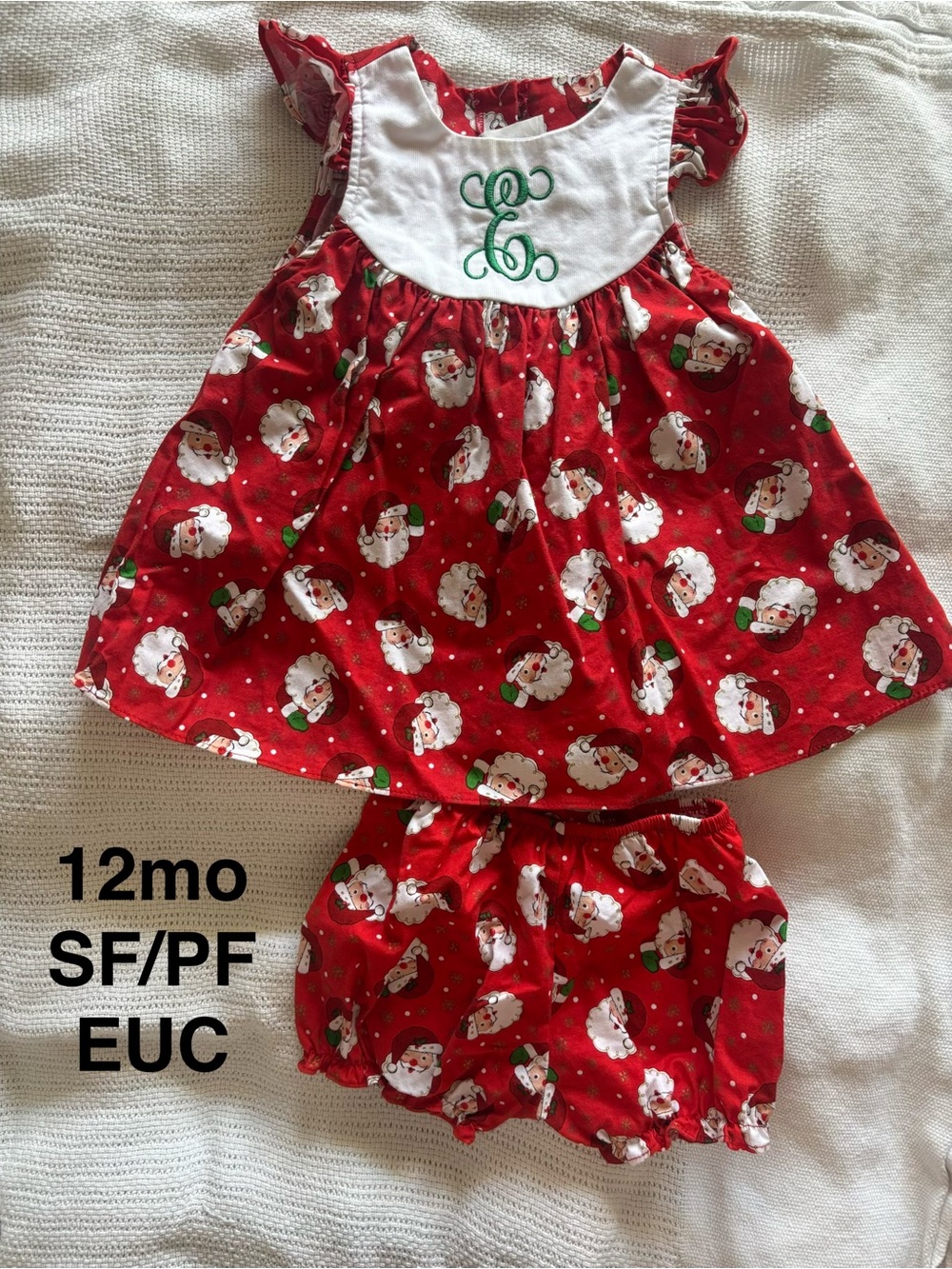Red Santa Print Baby Dress with Bloomer E monogram